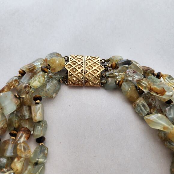 CINER Semiprecious 5 Strand Natural Aquamarine Stone, Tiger Eye Statement Choker - Picture 4 of 12